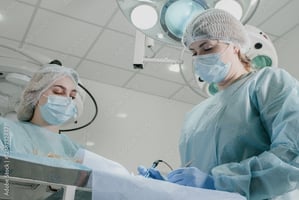 A scrubbed-in veterinary nurse observes a vet during a surgical procedure