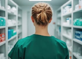 A veterinary nurse looking at the pharmacy, making antibiotic choices