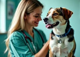 A veterinary nurse examines a calm dog
