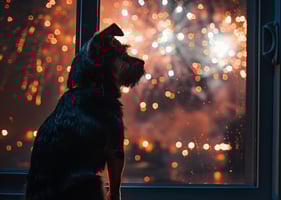 A dog watching the fireworks - noise phobia medications can help at this time of year