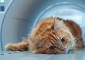 A sedated cat enters a CT scanner