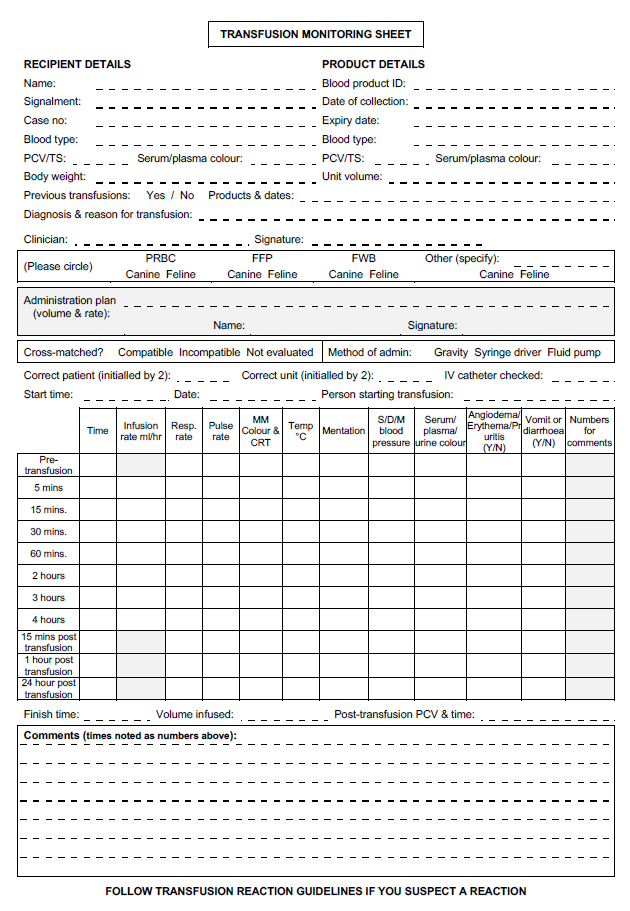feline blood transfusion monitoring form 